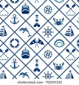 Vector seamless pattern with dolphins, sailing boat, anchor, steering wheel, lifebuoy, lighthouse. Cute Marine pattern for fabric, baby clothes, background, wrapping paper and other decoration.