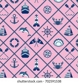 Vector seamless pattern with dolphins, sailing boat, anchor, steering wheel, lifebuoy, lighthouse. Cute Marine pattern for fabric, baby clothes, background, wrapping paper and other decoration.