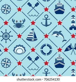 Vector seamless pattern with dolphins, sailing boat, anchor, steering wheel, lifebuoy, lighthouse. Cute Marine pattern for fabric, baby clothes, background, wrapping paper and other decoration.