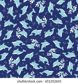 Vector seamless pattern with dolphins with splash and bubbles on dark blue background. Perfect for wallpaper, wrapping paper or kids decoration theme