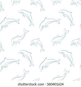 Vector seamless pattern with dolphins/Jumping dolphins contour seamless pattern/Dolphins vector illustration/Textile dolphins pattern/Wrapping paper dolphins background/Dolphins repeating image.