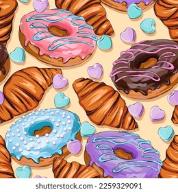 Vector seamless pattern. Donut, croissant, candy pattern. Sweet goodies for the cafe. Baking pattern