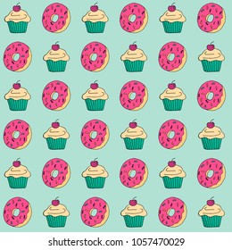 Vector seamless pattern with donut and cupcake