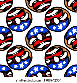 Vector seamless pattern of a donut with icing with the symbols of the US flag, white stars on a blue background and red and white stripes, arranged in a geometric pattern on a white background 