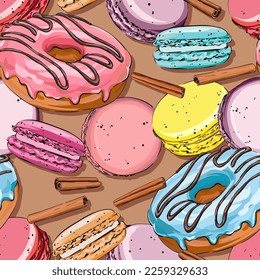 Vector seamless pattern. Donut, macaron biscuit pattern. Sweet goodies for the cafe. Baking pattern