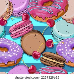Vector seamless pattern. Donut, macaron biscuit pattern. Sweet goodies for the cafe. Baking pattern