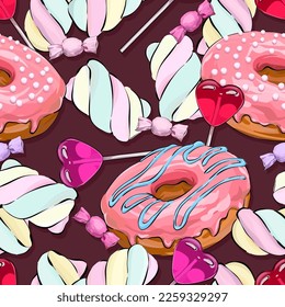 Vector seamless pattern. Donut, marshmallow, lollipop, candy pattern. Sweet goodies for the cafe. Baking pattern