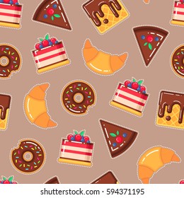 Vector seamless pattern with donuts, cakes, waffles and croissants on brown background