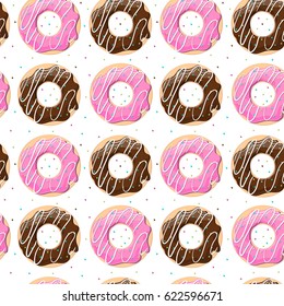Vector seamless pattern of donuts with chocolate and confetti.