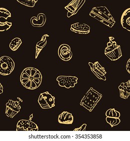 vector seamless pattern with donuts, cupcakes, muffins, pie
