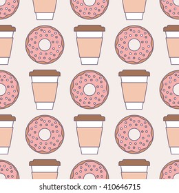 Vector seamless pattern with donuts and cups of coffee. Colourful background. Packaging design 