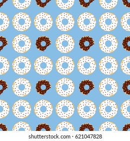 Vector seamless pattern of donuts with dark and white chocolate icing  with blue background