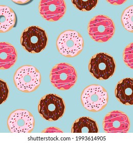 Vector seamless pattern of donuts (doughnuts) on green background. Chocolate frosted donut, strawberry frosted donut, sour cream donut.