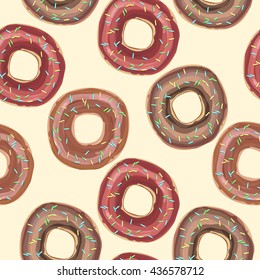 Vector seamless pattern with donuts with glaze and sprinkles on a beige background