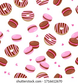 Vector seamless pattern of donuts and macarons with different tastes. Macaroons. Sweets illustration. Dessert background. Cartoon style.