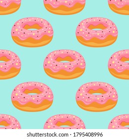 vector seamless pattern of donuts with pink glaze and sprinkles isolated on blue background, glazed pastry delicious snack, eat candy