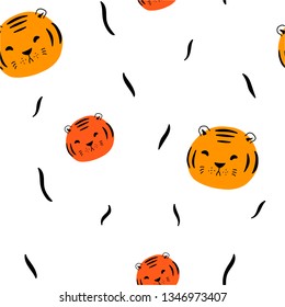 Vector seamless pattern with doodle animal. Children seamless pattern with doodle tiger. 