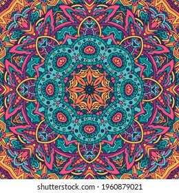 Vector seamless pattern doodle art mandala. Ethnic jungle design with colorful ornament.