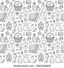 Vector seamless pattern. Doodle autumn pattern with lamp, basket, rubber boots, plaid, pumpkin, sweets. Rustic autumn background with hiking items.