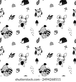 Vector seamless pattern with doodle autumn animals. Outline hand drawn print. 