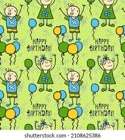 Vector seamless pattern with doodle balloons, children of different genders and birthday inscriptions. Girls and boys have fun and celebrate.