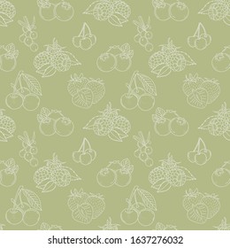 Vector seamless pattern with doodle berries on green background; hand drawing fruits for wrapping paper, package, fabric, web design.