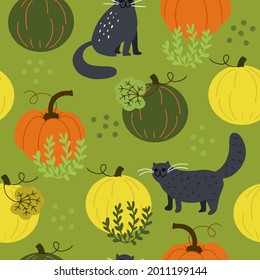 Vector seamless pattern with doodle black cats with different pumpkins in the field