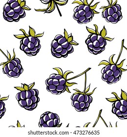 Vector seamless pattern with doodle blackberries. Bright green and violet hand drawn elements on white backdrop. Cute fruity background for print, fabric, wallpaper, wrapping paper or other design.