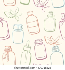 Vector seamless pattern with doodle bottles with essential oils and flowers. Hand drawn glass vials and flasks. Blue, green, orange and violet outline on beige background.