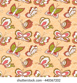Vector seamless pattern with doodle butterflies characters in the sky in cartoon style