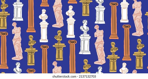 Vector seamless pattern in doodle cartoon style with ancient monuments, statues, busts in blue and beige. Museum pattern for adults and kids