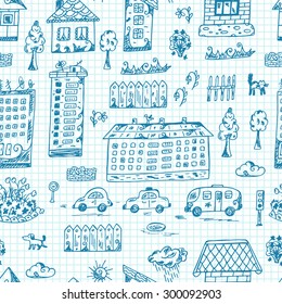 Vector Seamless pattern of doodle Cartoon houses on a page of exercise book