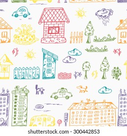 Vector Seamless pattern of doodle Cartoon houses