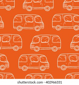 Vector seamless pattern with doodle cartoon cute bases. Wonderful kids pattern with transport. Cool cars on orange background. Vector bus. Sketch bus.