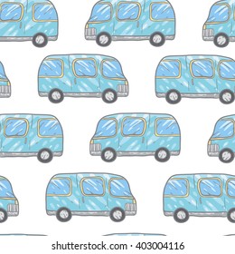 Vector seamless pattern with doodle cartoon cute bases. Wonderful kids pattern with transport. Cool cars on white background. Vector bus.