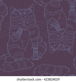 Vector seamless pattern of a doodle cartoon cat. Cute outline drawing of a cat licking his paw. Boho cat picture background.