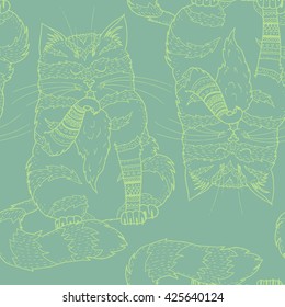 Vector seamless pattern of a doodle cartoon cat. Cute outline drawing of a cat licking his paw. Boho cat picture background.