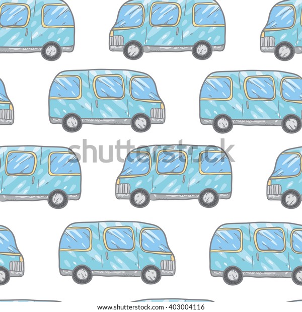 Vector seamless pattern with doodle cartoon cute\
bases. Wonderful kids pattern with transport. Cool cars on white\
background. Vector bus.