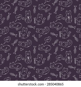 vector seamless pattern with doodle cats and fish bones on dark background