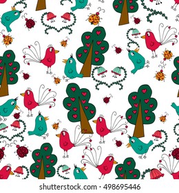 Vector seamless pattern in doodle childish style. Handdrawn love birds, trees, campanulas and bugs. Hand-drawn hearts. 