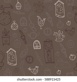 Vector seamless pattern with doodle clocks and watches. Sketch icons in chocolate colors