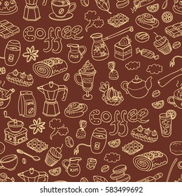 Vector seamless pattern with  doodle coffee. Equipment and dessert, spoon, sweets, cake, cup, bakery and cookery. Brown color.
