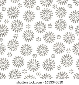 Vector seamless pattern with doodle coronavirus elements. Outline black and white background. Abstract illustration for coloring book. 2019-nCoV virus backdrop.