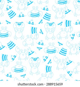 vector seamless pattern with doodle crabs and swimsuits, blue and white