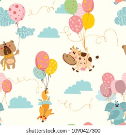 Vector seamless pattern with doodle cute animals in simple design for kid's 