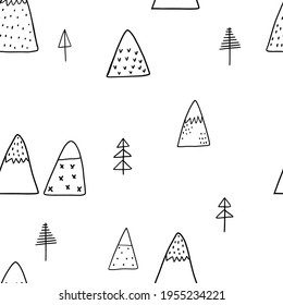 Patrón vectorial sin fisuras con doodle hermosas montañas y árboles en un fondo blanco. Borde montañoso. Naturaleza. Paisaje. Textura infantil creativa para tela, envoltura, textil, papel tapiz.