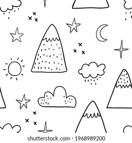 Vector seamless pattern with doodle cute mountains on a white background. Cute mountains background. Nature Landscape. Creative kids pattern for fabric, wrapping, textile, wallpaper.