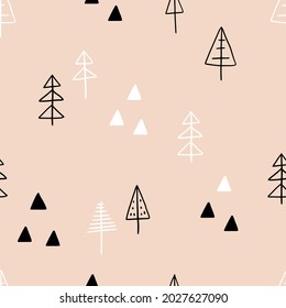 Vector seamless pattern with doodle cute mountains and trees on a pink background. Cute mountains background. Nature. Landscape. Creative kids texture for fabric, wrapping, textile, wallpaper.