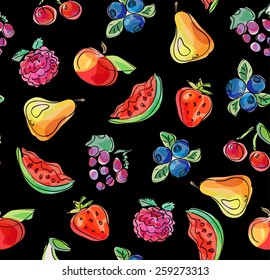 Vector seamless pattern, doodle design. Colorful illustration, cute background. Childish pattern. Endless fruit background. Berries and citrus. Watercolor imitation.