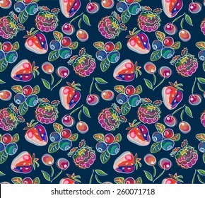 Vector seamless pattern, doodle design. Colorful illustration, cute background. Childish pattern. Endless fruit background. Berry and fruit backdrop. Watercolor imitation.